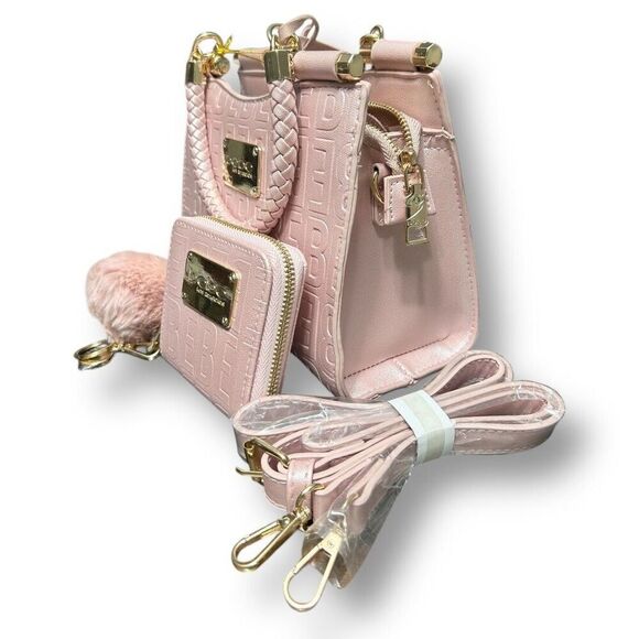 Bebe Alexandra Mini Satchel Gift Set Blush Shine Pink Logo Faux Leather NWT - Picture 8 of 14